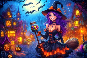 Smiling Witch with Candy Jar in Halloween Town