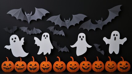 Modern gift card with halloween on dark background. Helloween in paper cut style on dark background. Happy halloween.