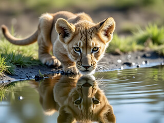 Obraz premium A young lion cub quietly approaches a waterhole for a drink during a sunny afternoon in the savannah