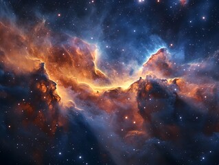 Naklejka premium A vibrant nebula in space, glowing with fiery orange and yellow hues against a backdrop of countless stars.