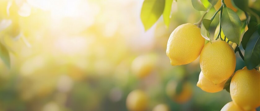 Fresh lemons hang from a tree branch in a sunny orchard during the golden hour