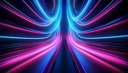 Abstract neon lights create a winding path in a dark background. The glowing lines are blue and pink, creating a vibrant and futuristic scene.