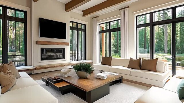  Modern living room with large windows elegant interior design and cozy furniture in a bright spacious open layout home