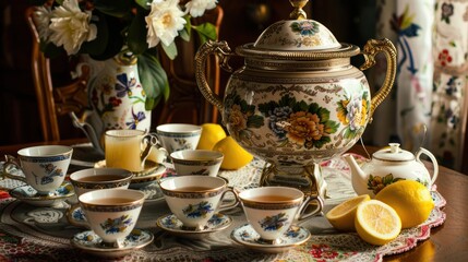 Fototapeta premium Traditional Tea Ceremony with Ornate Teapot and Delicate Teacups