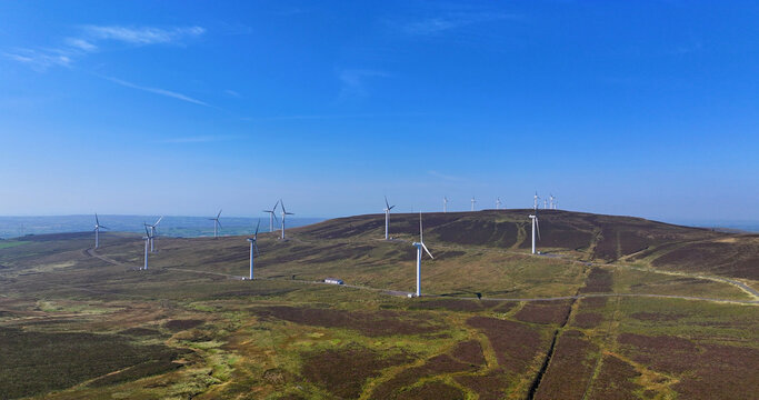 Aerial View of a Wind Turbines on a Windfarm in UK