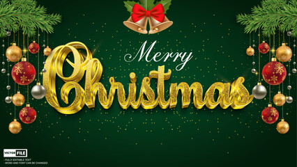 Merry Christmas gold text effect vector with Christmas jingle bell and glitter background