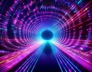 Abstract neon tunnel with glowing lines and particles. Futuristic digital background.