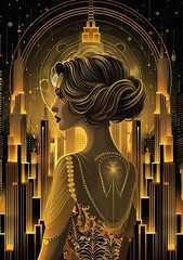 Art Deco golden illustration of a woman in a cityscape
