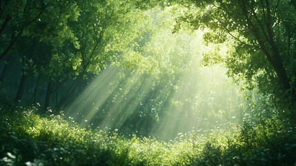 Obraz premium Sunbeams Illuminating a Lush Forest Clearing