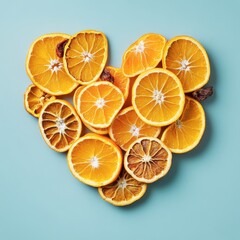 Obraz premium Dried orange slices arranged in a heart shape on a light blue background for decorative ideas