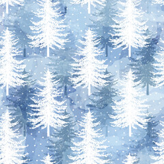 Fototapeta premium Christmas tree seamless pattern. Noel watercolor print, New Year winter decoration, silver and blue Christmas background with firs and white snow, wallpaper, wrapping paper design