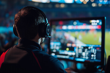 A sports broadcaster announcing a live game from the commentary booth.