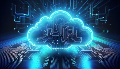 Fototapeta premium Abstract representation of cloud computing with glowing neon cloud symbol and digital circuit board.