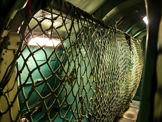 A close-up of a cargo net in a military aircraft, the green netting is stretched taut across the interior, capturing the light from the overhead fixture.