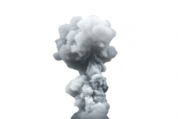 Billowing Smoke Plume: PNG dense, gray and white column of smoke rises  isolated on transparent background.