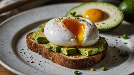 Delicious avocado toast topped with a poached egg served on rustic bread in a cozy cafe setting