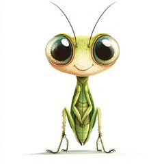 A cute, cartoonish grasshopper character with big eyes, presenting a charming and friendly appearance, ideal for children's themes, white background