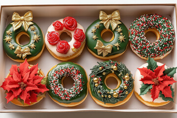 Fototapeta premium variety of beautifully decorated Christmas-themed donuts with festive toppings in a gift box