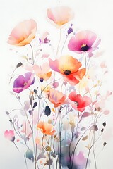 Watercolor Painting of a Bouquet of Pink, Orange, and Purple Poppies
