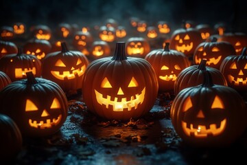 Fototapeta premium illustration of illuminated carved pumpkins with different evil faces in darkness at Halloween night