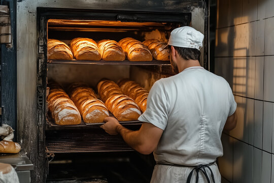 baker with bread in bakery