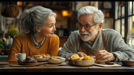 Senior Couple Enjoying Coffee and Dessert in Cozy Cafe