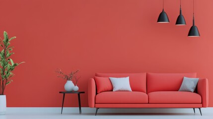 Bright and modern living room featuring a coral wall, cozy sofa, and decorative elements