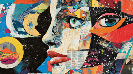 Stylized Female Face Collage with Geometric and Abstract Elements