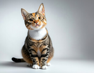 Obraz premium A charming tabby cat with expressive eyes and a curious pose against a soft background, perfect for pet lovers.