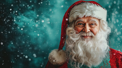 cheerful santa claus in traditional costume with a twinkling snowy background