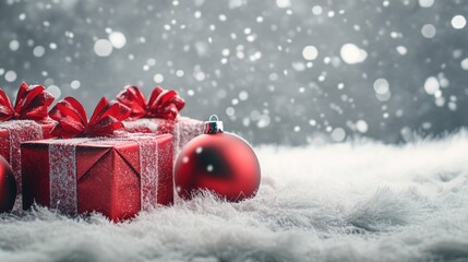 Festive red gift boxes with ribbons on snowy surface during a winter holiday celebration
