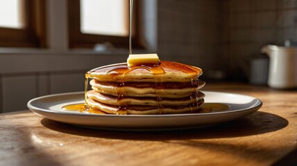 Delicious stack of pancakes drizzled with warm syrup and topped with melting butter on a cozy kitchen table in morning light