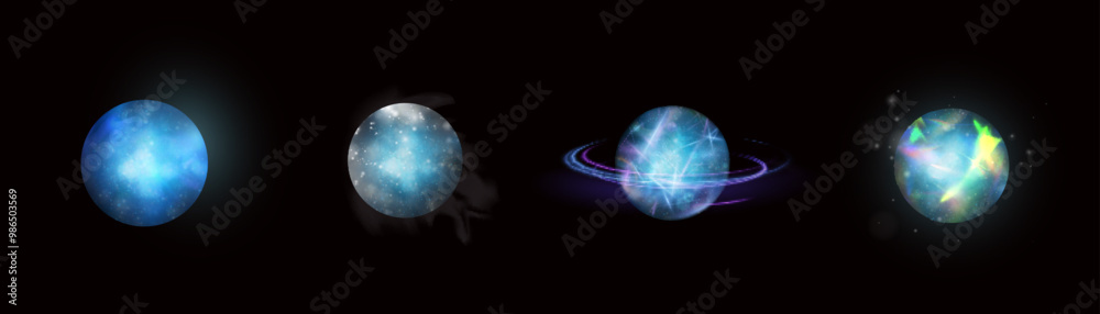 Poster Set of sphere icons with liquid texture of planet surface. Vector spatial horizontal illustration of purple and blue planet. Planet view from satellite in outer space.