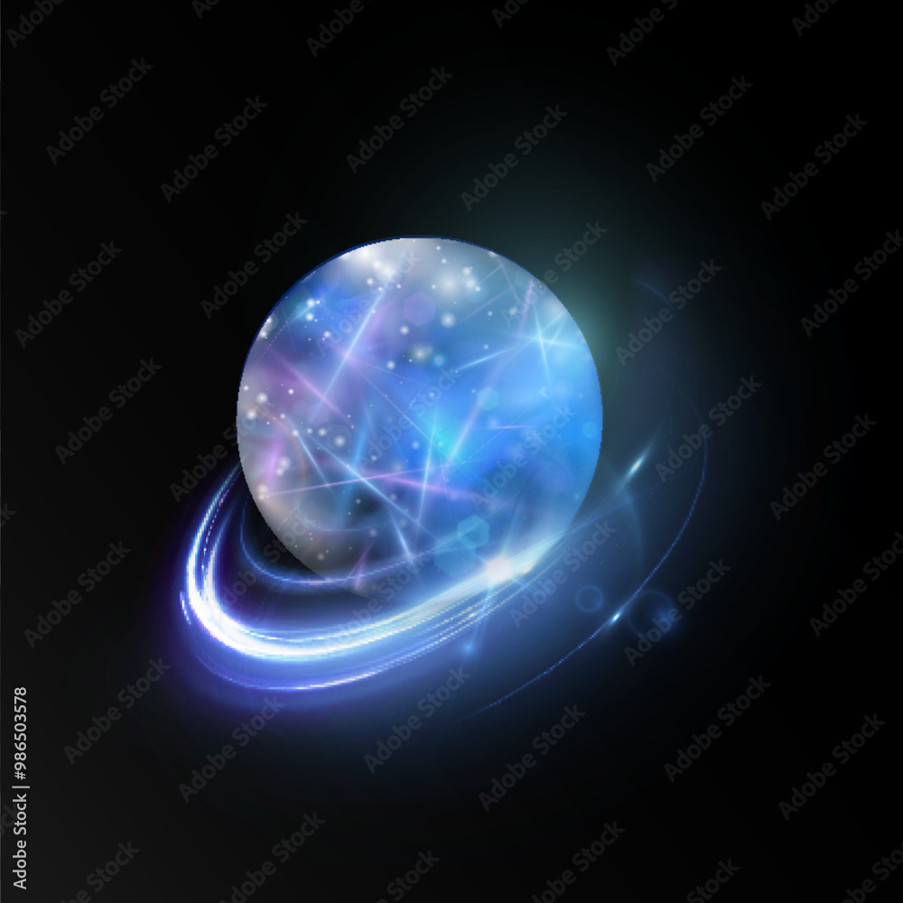 Poster Realistic planet with liquid surface texture. Vector spatial horizontal illustration of blue planet in space. Planet view from satellite in outer space.