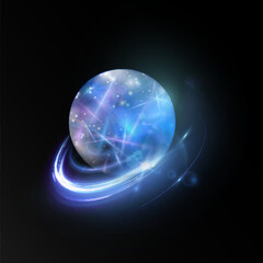 Realistic planet with liquid surface texture. Vector spatial horizontal illustration of blue planet in space. Planet view from satellite in outer space.