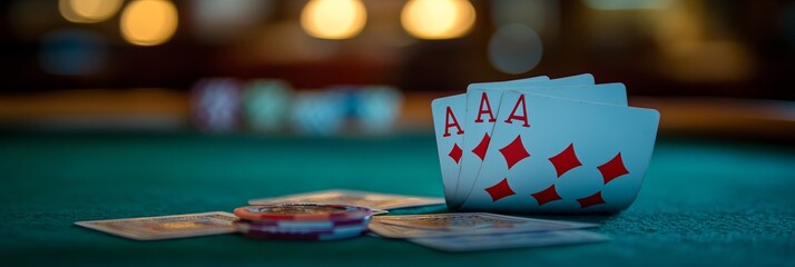 set of cards on a poker table with copy space 