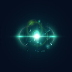 Abstract transparent green light effect with sparks and glitter for web design isolated on dark background. Vector 10 EPS