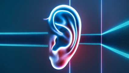 A glowing human ear illuminated by neon lights