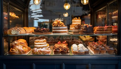 Assortment of pastries and cakes displayed in a bakery window.