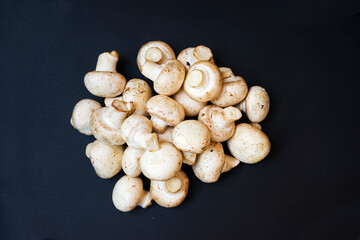 Mushrooms and champignons on a black background View from above. Delicious and healthy mushrooms are grown at home. Fresh raw mushroom. Food. Cooking. Veganism