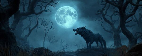 A dark, eerie forest scene features howling werewolf under full moon, surrounded by twisted trees and mist. atmosphere evokes sense of mystery and suspense