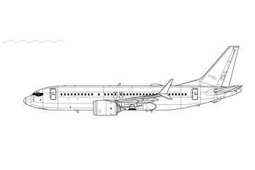 Boeing 737 MAX 7. Vector drawing of narrow-body passenger jet airliner. Side view. Image for illustration and infographics.