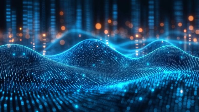 Abstract image featuring blue and green tones. It is a digital binary code wave background.