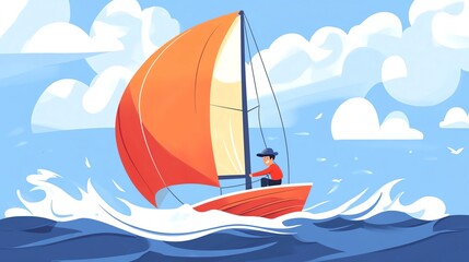 Naklejka premium A colorful illustration of a sailor enjoying a sunny day on the ocean, sailing a vibrant red boat with waves splashing around.