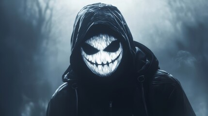 Purge mask halloween with pumpkin. LED mask creepy scary man. Corona Funny October outside. Urban scene car