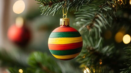 Naklejka premium christmas tree ornament with red, green, and yellow stripes hanging on an evergreen branch, with a blurred background highlighting the colorful festive decoration in high-resolution photography