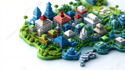 Miniature Cityscape with Colorful Buildings and Green Trees
