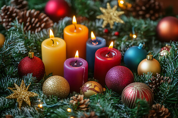 A vibrant display of Christmas tree toys, garlands, stars, candles, and beautifully decorated Christmas wreaths, capturing the festive holiday spirit and aesthetic elegance