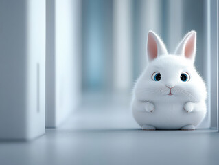 Fototapeta premium Cute White Rabbit Sitting in Minimalist Interior