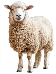 Fototapeta premium A fluffy sheep standing gracefully, showcasing its soft wool and gentle demeanor, perfect for agricultural or farm-themed projects, white background